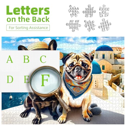 1000 Piece Jigsaw Puzzle for Adults Cute Fun Dog Vacation in Santorini Greece Scene Beautiful Landscape Puzzle Fun Bulldog Puzzle Games for Adults Night (70x50cm) - color: Fun Dog