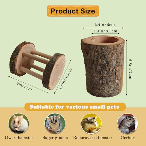 4 PCS Natural Apple Wood Hamster Tunnel and Roller Toy Set Small Animal Hideout and Chew Toys for Dwarf Hamsters Mice Gerbils Rats Sugar Gliders Cage Enrichment Accessories (Style-A) - color: A