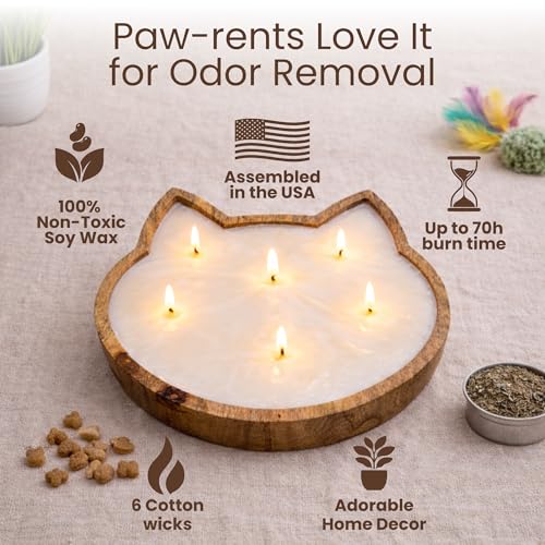 Dough Bowl Candle Co. Pet Odor Eliminator for Home - 10x10 Large Cat-Shaped Odor Absorber, 6 Wick Soy Wax Scented Candles, Pet Deodorizer Aromatherapy Candle with 70H Burn Time for Cat or Dog Smell - style: Cat Candle