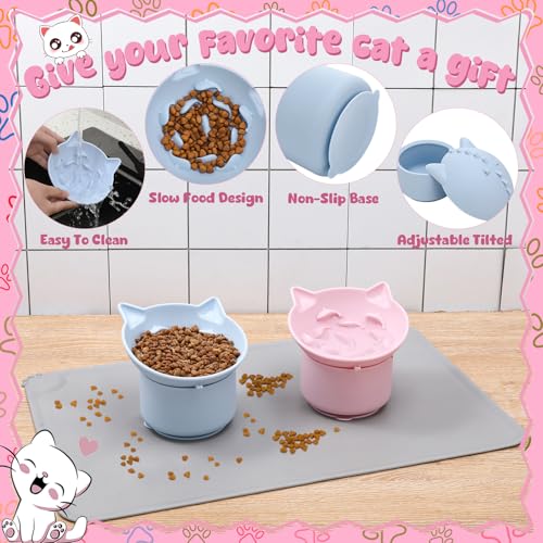2 Pack Elevated Slow Feeder Cat Bowls Anti Vomit Silicone Raised Cat Bowls - color: Pink, Blue
