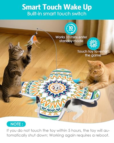 Interactive Cat Toy, Rechargeable Cat Toys for Indoor Cats, Automatic Cats Chasing Toy, Hide & Seek, 2 Modes, Self-Holding Suction Base, 3-in-1 Feather Toys with 1 Teaser Pole, 4 Replacements