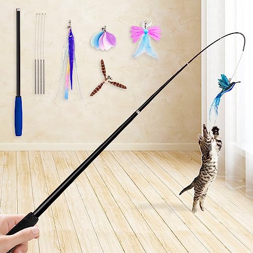 JXFUKAL Cat Toys- 2 in 1 Spring Cat Wand Toy with 2PCS Ultra-Long Cat Teaser, 4PCS Spring Steel Wire & 5PCS Feather Refills for Kitty Kitten Indoor Cats Accessories - color: CAT WAND TOY SET