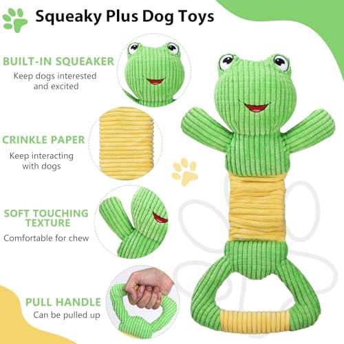 Letsmeet Dog Squeak Toys Durable Plush Dog Toy with Crinkle Paper, Tug of War Pull Toys for Puppies, Interactive Dog Chew Toys for Small, Medium and Large Dogs - style: Big-faced frog