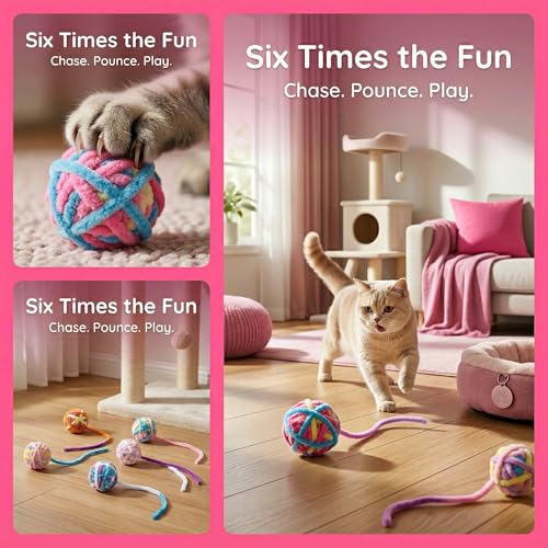 6 Pack Cat Yarn Balls with Long Tassel Tails - Colorful Soft Knitted Cat Toy Balls, Interactive Kitten Chase & Chew Toys for Boredom Relief & Mental Stimulation, Safe Plush Cat Play Set - color: C