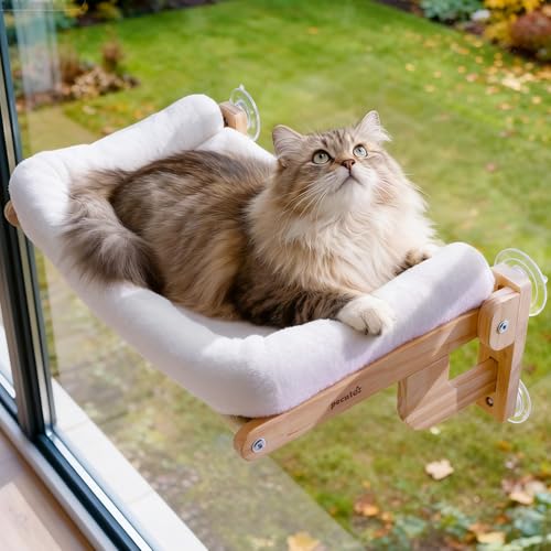 Pecute Foldable Cat Window Perch, Cloud-Soft Cat Bed with Wood Frame, 26" L - color: White