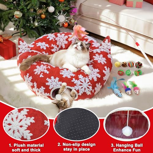 Red Christmas Tree Cat Tunnel Bed, Large Cat Tunnel Tree Skirt with Toys - color: Snowflake