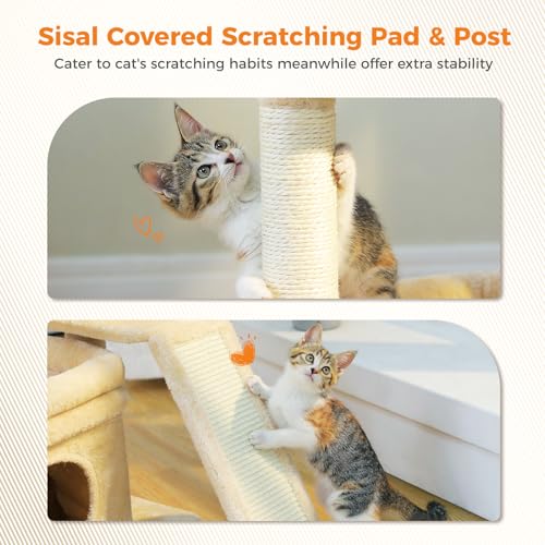 PEQULTI Small Cat Tree Tower for Indoor Cats with Large Perch, Beige - color: Beige, size: L Plus(19.3"L x 12.2"W)