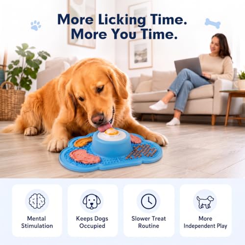 Anti-Slip Slow Feeder Dog Bowl and Lick Mat with Rolling Ball - color: Blue