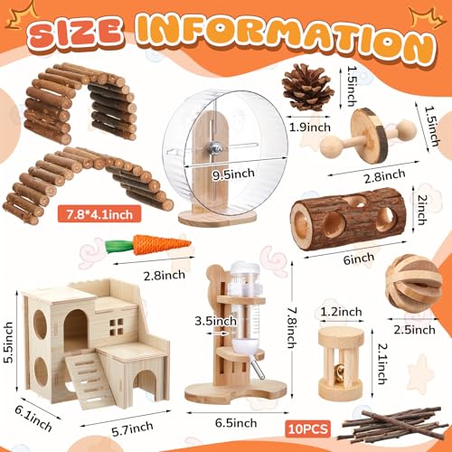 18 Pcs Hamster Cage Accessories, Silent Hamster Wheel 15 Toys Set - style: Natural Log Style