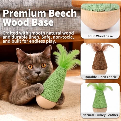 2 Pack Cat Feather Toys Wooden Tumbler - Interactive Wobble Self-Righting Plush Stuffed Toys for Indoor Cats & Kittens, Catnip Free Cute Kicker Chaser Set