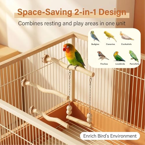 Bird Perch and Swing for Small Birds, Natural Wood Cage Accessories - size: Medium