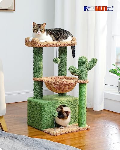 PEQULTI 4-in-1 Cactus Cat Tree for Kittens & Small Cats, 33in Green Tower - color: Green, size: L(15.8"L x 15.8"W x 33"H)