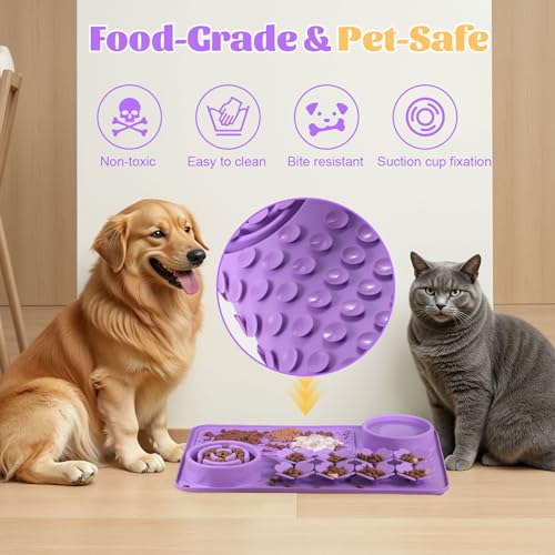 Silicone Lick Mat for Dogs & Cats – Slow Feeder Dog Bowl, Non-Slip Licking Mat for Large & Small Breeds, Puzzle Feeder & Snuffle Mat for Fast Eaters, Interactive Pet Food Mat with Measuring Spoon - color: Purple With Spoon