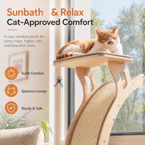 Cat Window Perch with Scratcher Ramp, 48-Inch Tall Wooden Climbing Tree - size: Medium