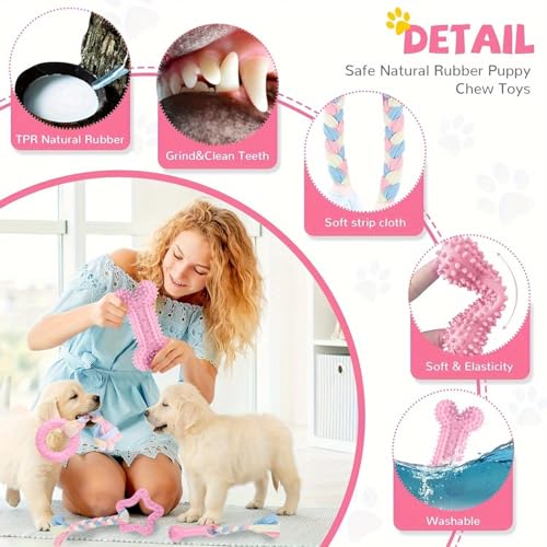 Puppy Chew Toys Set (7-Pack) for Small Dogs – Teething Toys with Squeaky Plush, Rubber Bone, Rope Tug & Ring | Cute Pink Puppy Gift Set with Storage Basket | Washable, BPA-Free, Non-Toxic