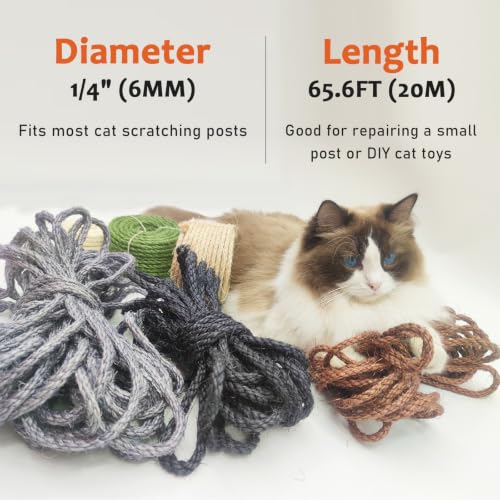 1/4in 65FT Natural Sisal Rope for Cat Tree, Cat Scratch Rope Replacement - color: White, size: 65FT