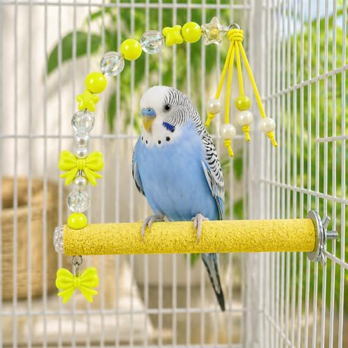 Bird Parrot Perch with Beads and Bow Chew Toy,Cage Platform Toy and Exercise Accessories for Budgies Parakeets Cockatiels Conures and Lovebirds (Yellow) - color: yellow