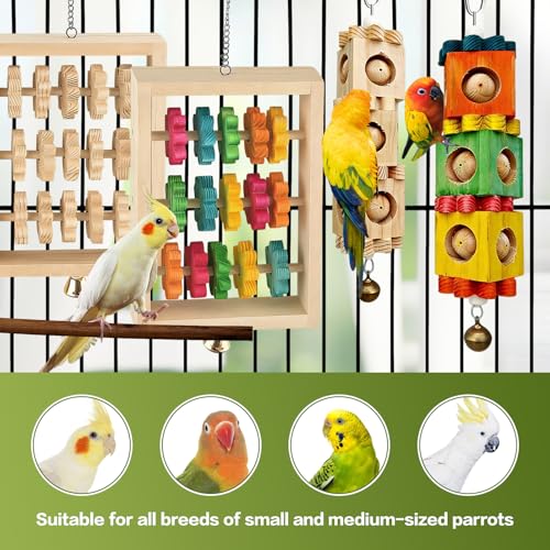 2Pcs Bird Toys, Wooden Swing Chewing Puzzle Climbing Hanging Block Toy