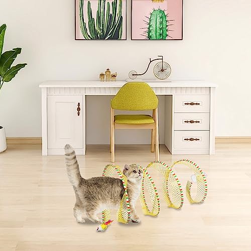 Andiker Cat Tunnel Toy, 10 inch Collapsible Metal Cat Spring Toy with Nylon Mesh, Feather, Mouse, and Bell, Interactive Cat Toys for Indoor Cats to Scratch, Puzzle, Relax and Kill Time (Blue) - color: Blue
