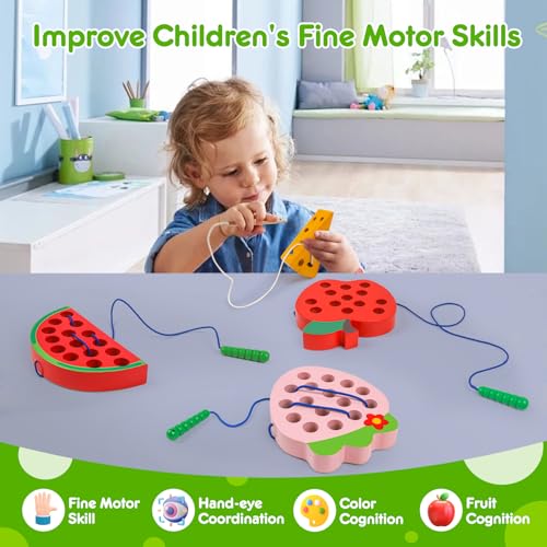 Wooden Toys Lacing Toys for Kids 3-5,Plane Activities Car Travel Toy Montessori Educational Learning Threading Toys for Fine Motor Easter Basket Stuffers Gift for Boys Girls(4 pcs) - style: Lacing toys-4 pack set