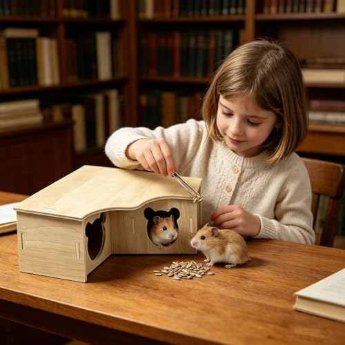 Multi-Chamber Hamster House Maze, 3-Room Hideouts, Wooden Hamster Maze & Tunnel Exploring Toys, Dwarf Hamster House Habitats Decor for Hamster Mice Gerbils Lemmings
