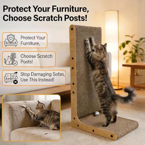 L-Shaped Cat Scratcher, 23.6in Vertical & Horizontal Cardboard Scratching Board with Solid Wood Frame, Stable Furniture Protector for Indoor Cats, Includes Toy Ball