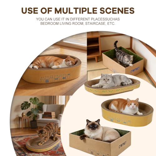 Comoney Cat Scratcher Bed 3 Pack, Oval Corrugated Cardboard Cat Scratch Pads for Indoor Cats with Grooming Brush, Round Cat Scratching Board Lounge Furniture Protector - size: 17.7" x 12.6" x 5.4"
