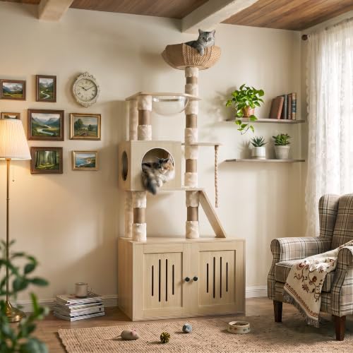 Garvee Tall Cat Tree with Litter Box Enclosure, 66.9-Inch Cats Condo, Multi-Level Perch & Scratching Posts for Cat - color: Wood