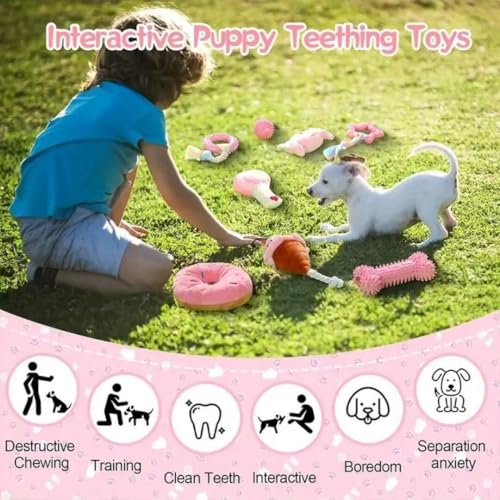 Puppy Chew Toys Set (7-Pack) for Small Dogs – Teething Toys with Squeaky Plush, Rubber Bone, Rope Tug & Ring | Cute Pink Puppy Gift Set with Storage Basket | Washable, BPA-Free, Non-Toxic
