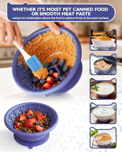 Dog Lick Bowl, Non-Slip Slow Feeder Licking Mat & Treat Dispenser (Wide Bowl Mouth w/Inlaid Stainless Steel Ring) - Interactive Toys, Anxiety Reducer, Freeze Bone for Dogs, BPA Free Silicone - color: Purple+Orang