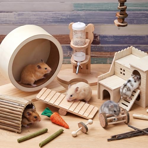18 Pcs Hamster Cage Accessories, Silent Hamster Wheel 15 Toys Set - style: Harmony Wooden Style