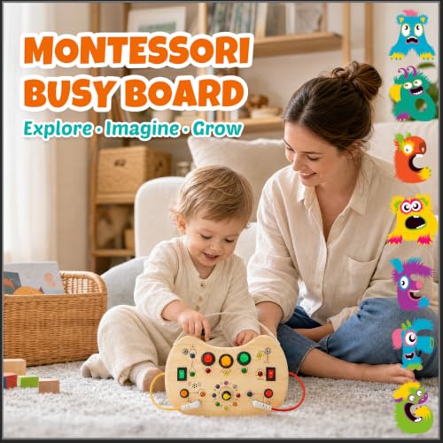 Busy Board with LED Light Switches,Montessori Toys for 1 2 3 Year Old - style: Upgraded Activity Board