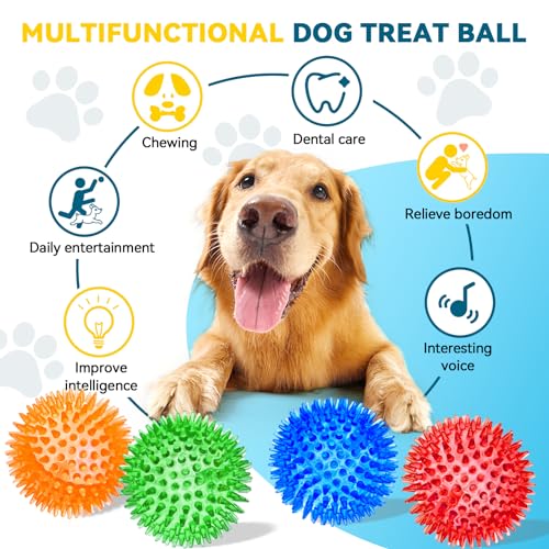 SHARLOVY 3'' Squeaky Balls for Small Dogs, 4 Spiky Dog Balls for Teething - size: Medium Set of 4