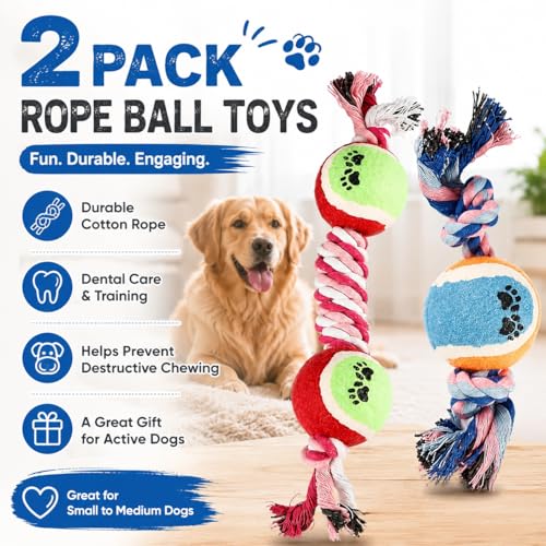 Rope Tennis Ball Toys for Aggressive Chewers, Durable Cotton Rope Tennis Ball Chew Toys for Small, Medium Dogs, Prevent Destructive Chewing, Fetch Toys for Dental Care & Training (2Pcs, Tennis)