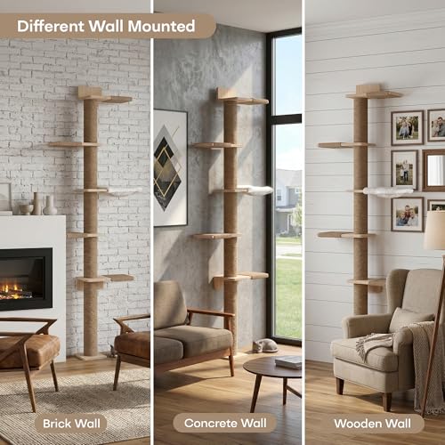Tall Cat Tree, 5 Tier Floor Cats Tower, Wall-Mounted Kitten Sisal Scratching Post, with Cozy Hammock, Suitable for Climb, Scratch, Lookout and Play (Wall-Mounted) - size: Wall-Mounted