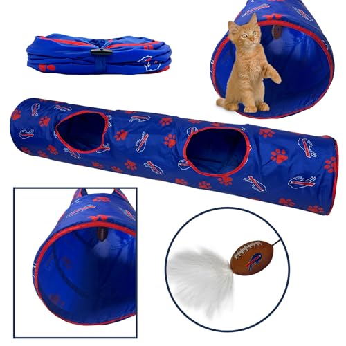 NFL Buffalo Bills Cat Tunnel Tube Toy with Plush Football Catnip and Feathers Collapsible Tunnel for Cats to Play, Peek and Hide, Sporty & Fun Cat Tunnel Toy with Team Logo All-Over Design! - color: Buffalo Bills