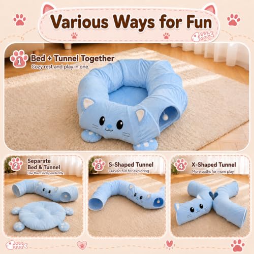 Cat Tunnel Bed with 21 Interactive Toys - color: Blue, Kitten Pattern