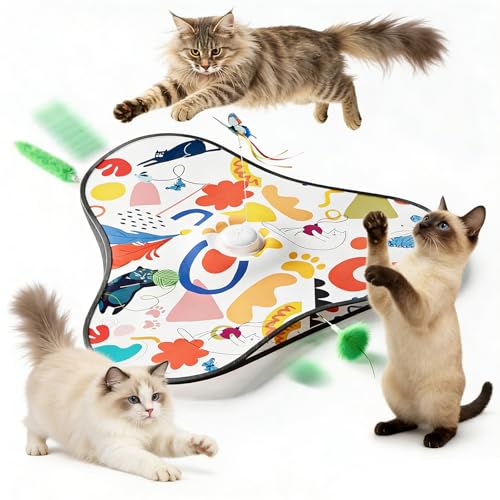 Interactive Cat Toys for Indoor Cats,3-in-1 Hide and Seek Cat Toy with Moving Concealed Wand Feather&Fluttering Butterfly,3 Prey Sounds，Auto Chargeable Play Mat for Bored Adult Cats&Kittens(White) - color: White
