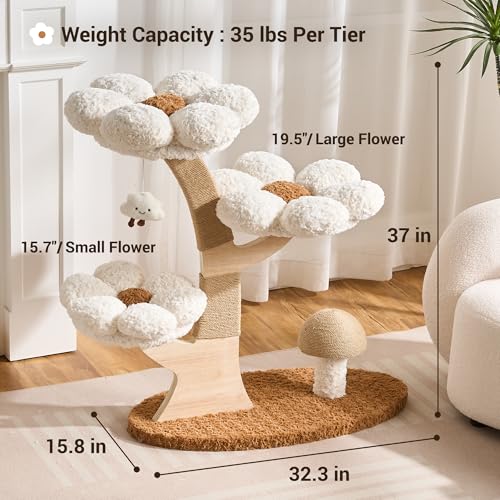 Aesthetic Flower Cat Tree Tower with Scratching Post for Indoor Cats, 37" H Modern Cat Tree with Wood Sculpted Branch, Flower Cat Beds, Mushroom Scratcher & Interactive Squeaky Toy, White - color: 37"-Mushroom-Creamy White