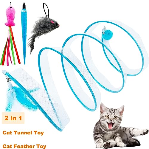 Self Play Cat Hunting Spiral Tunnel Toy, Folded Cat Spring Tunnel Toys for Indoor Cats (Blue) - color: Blue