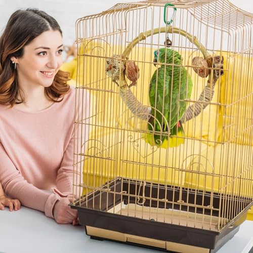 Circle Bird Swing with Bell,Bamboo Parakeet Rope Perches for Cage Ring Bird Swings Chewings Nuts Toys for Parrots Cockatiels Lovebirds Budgie - size: 【 Small Bell】