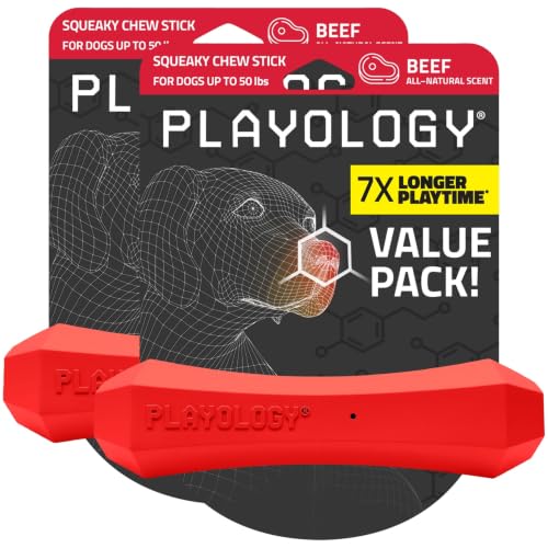 Playology Squeaky Chew Stick - Scented Dog Toy - Medium, Beef Scent, 2-pk - size: Medium (VALUE 2-Pack), style: Beef