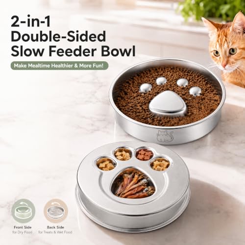 Stainless Steel 2‑in‑1 Double‑Sided Slow Feeder Cat Bowl