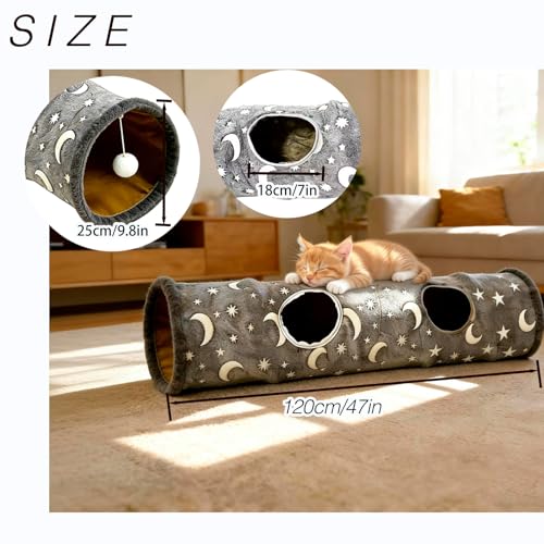Glow-in-the-Dark Cat Tunnel for Indoor Cats Large Foldable Cat Play Tunnel with Hanging Ball 2 Peepholes Interactive Cat Toy for Kittens Pet Tunnel for Small Dogs Cat Tube for Indoor Cats - size: 2-Way Fluorescent Moon