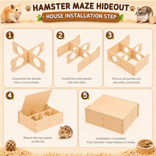Novabright 5 Pcs Hamster Platform Set Including Wooden Hideout Tunnel Toy Multi Chamber Secret Climbing Ladder Bridge Wooden House Cage Accessories for Small Animal Gerbils Dwarf Syrian - style: Climbing Adventure Set