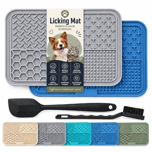 Dog Lick Mat for Dogs & Cats, 2 Pack Silicone Lick Pad with Strong Suction Cups, Slow Feeder Mat for Bathing, Grooming, Anxiety Relief, Peanut Butter, Wet Food & Treats - color: Gray+Blue