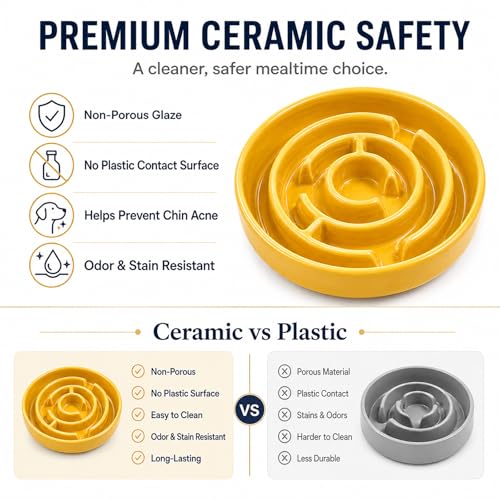 Ceramic Slow Feeder Dog Bowl,1.5 Cups Pet Slow Feeder for Small and Medium Breed,Puzzle Dog Food Dish,Anti-Gulping,Stop Bloat,Preventing Choking(Yellow) - color: Yellow