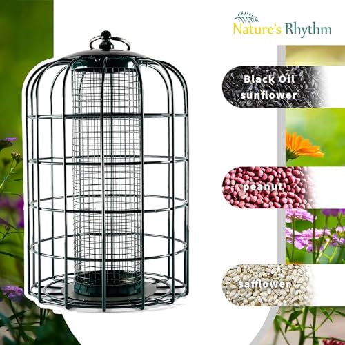 Nature's Rhythm Outdoor Hanging Bird Feeder Cage Mesh Tube Squirrel Proof Wild Bird Feeder with Large Metal Seed Guard Deterrent - size: Mesh Tube Bird Feeder