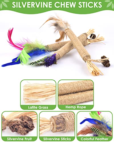 TINDTOP Silvervine Sticks for Cats with Natural Feather, Catnip Chew Toys - color: 3 Pack