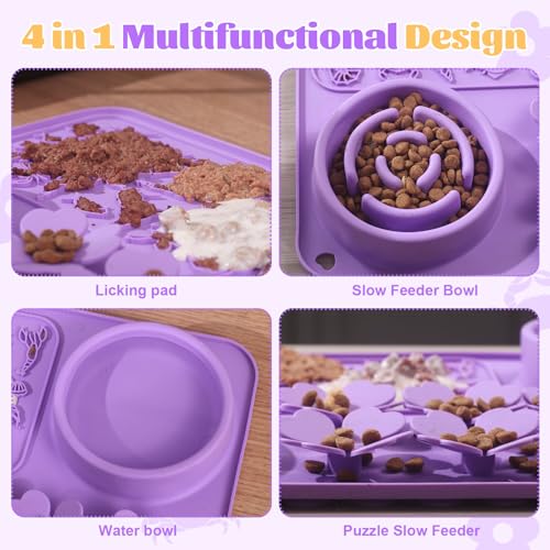 Silicone Lick Mat for Dogs & Cats – Slow Feeder Dog Bowl, Non-Slip Licking Mat for Large & Small Breeds, Puzzle Feeder & Snuffle Mat for Fast Eaters, Interactive Pet Food Mat with Measuring Spoon - color: Purple With Spoon